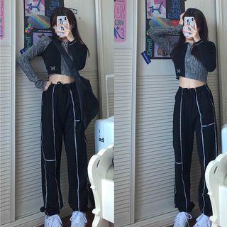 Set: Long-sleeve Color Block T-shirt + Wide Leg Pants