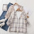 Short-sleeve Plaid Hooded Button Jacket