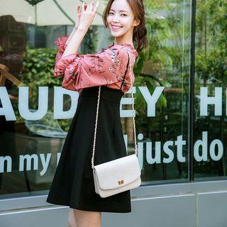 Set: Print Elbow-sleeve Blouse + Spaghetti Strap Dress
