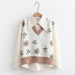 Set: Shirt + Floral Sweater Vest