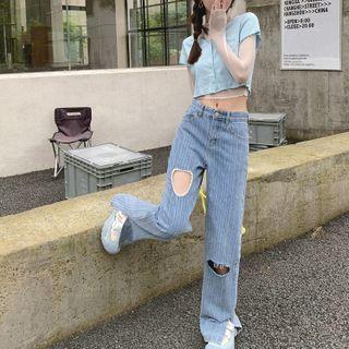 High-waist Washed Ripped Striped Straight-cut Jeans