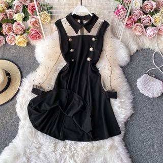 Dotted Mesh Panel Lapel Mini Dress