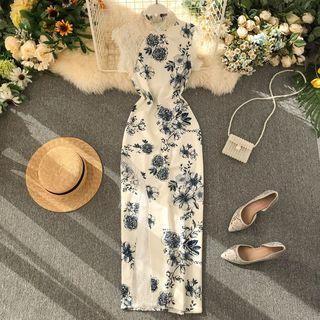 Sleeveless Floral Print Maxi Bodycon Dress