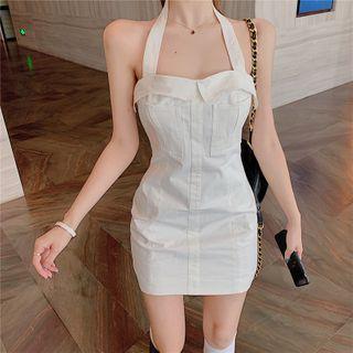 Plain Halter-neck Mini Sheath Dress