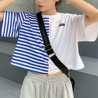 Short-sleeve Striped Panel Cropped T-shirt