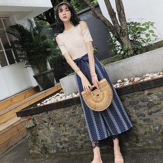 Set: Cold-shoulder Blouse + Patterned Wide Leg Pants