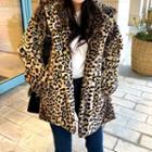 Hooded Leopard Fleece Jacket Beige - One Size
