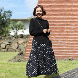 Dot Knit Mock Two-piece Dress Black - One Size