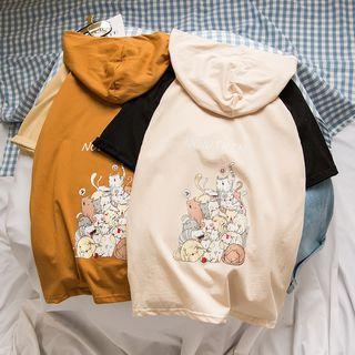 Cat Printed Short-sleeve Hooded T-shirt