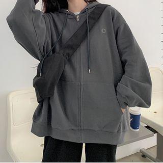 Long-sleeve Plain Zip-up Hoodie