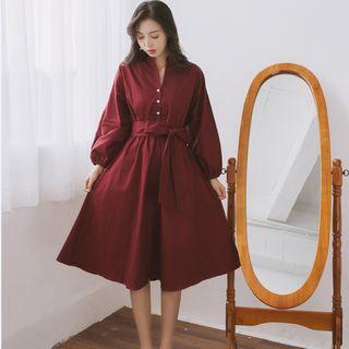 Plain Tie-waist Long Sleeve Shirtdress