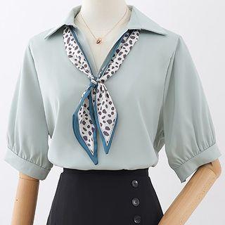 Set: Short-sleeve Plain Blouse + Leopard Print Neckerchief