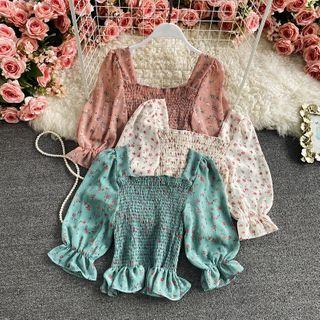 Square-neck Smocked Floral Print Blouse