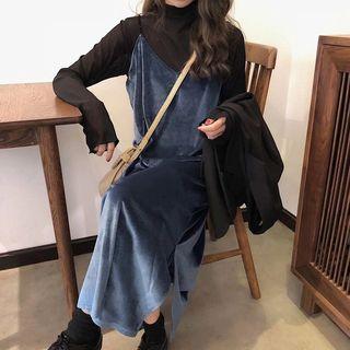 Long-sleeve Chiffon Top / Pleuche Midi Pinafore Dress
