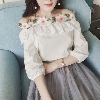 Off Shoulder Flower 3/4-sleeve Blouse