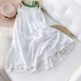 Perforated Lace Trim Elastic-waist Skirt White - One Size