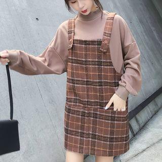 Set: Mock-neck Pullover + Plaid Pinafore Dress