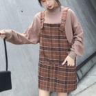 Set: Mock-neck Pullover + Plaid Pinafore Dress
