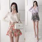 Shirred-trim Floral Print Chiffon Skirt