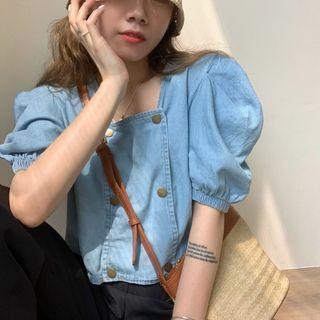 Puff-sleeve Denim Top