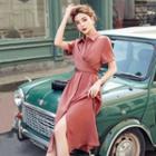 Crisscross Tie-waist Short-sleeve Midi A-line Shirtdress