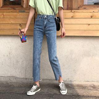 Distressed Hem High-waist Straight-cut Jeans