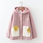 Bear Embroidered Hooded Fleece Button Jacket