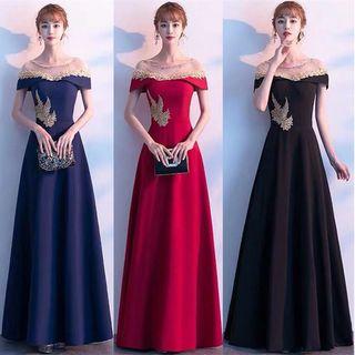 Short-sleeve Phoenix Embroidered A-line Evening Gown