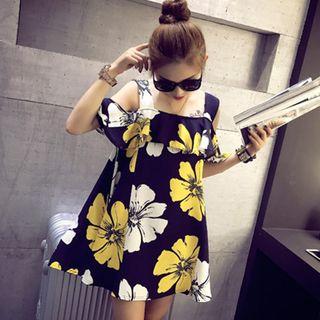 Cutout-shoulder Ruffle Floral Dress