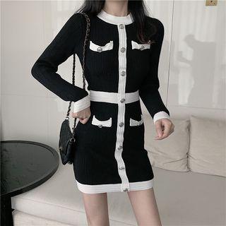Contrast Trim Long-sleeve Knit Dress As Shown In Figure - One Size