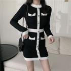 Contrast Trim Long-sleeve Knit Dress As Shown In Figure - One Size