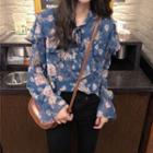 Floral Ruffle Trim Blouse Blue - One Size