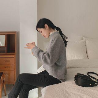 Lace-neck Blouson Sweater Gray - One Size