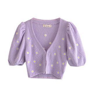 Puff-sleeve Floral Embroidered Cropped Cardigan / Camisole Top