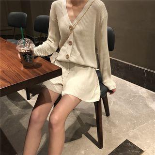 Set: V-neck Buttoned Top + Shorts Top - Almond - One Size / Shorts - Almond - One Size