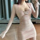 Long-sleeve Faux Pearl Mini Sheath Dress
