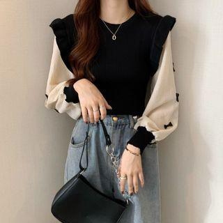 Mock Two-piece Bishop-sleeve Bow Frill Trim Sweater