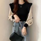 Mock Two-piece Bishop-sleeve Bow Frill Trim Sweater