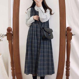 Plain Shirt / Plaid A-line Pinafore Dress