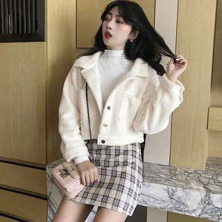 Faux Shearling Buttoned Jacket / Plaid Mini Fitted Skirt
