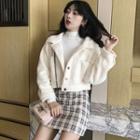 Faux Shearling Buttoned Jacket / Plaid Mini Fitted Skirt