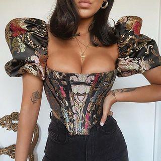 Puff-sleeve Jacquard Corset Top