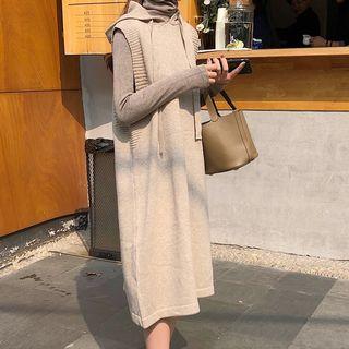 Sleeveless Midi Knit Hoodie Dress / Mock Turtleneck Long-sleeve Top