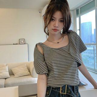 Elbow-sleeve Cut-out Striped Knit Top Black Stripe - Gray - One Size