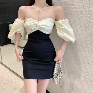 Puff-sleeve Off-shoulder Two-tone Mini Sheath Dress