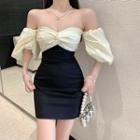 Puff-sleeve Off-shoulder Two-tone Mini Sheath Dress