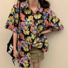 Elbow-sleeve Floral Hawaiian Shirt Pink & Yellow Flowers - Black - One Size