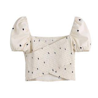Puff-sleeve Heart Print Wrapped Crop Top