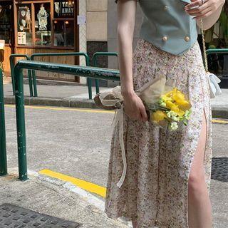 Floral Print Pleated Slit Midi A-line Skirt
