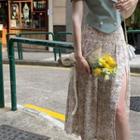 Floral Print Pleated Slit Midi A-line Skirt